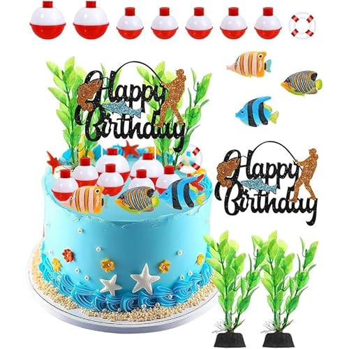 14 Stück Angeln Kuchen Topper mit Angeln Schwimmer, Korallenfische, Wasserpflanzen, Schwimmen Ring Kuchen Topper für Angeln Liebhaber Fischer Themed Geburtstag von Shamoparty