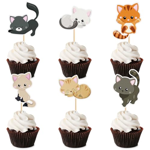 24Stk Katze Kuchen Dekoration, niedliche Katze Geburtstag Party Dekoration, Tier Thema Geburtstag Artikel, Katze Cupcake, Baby Dusche Hochzeitsartikel, Junge Mädchen Kuchen Party Dekoration von Shamoparty