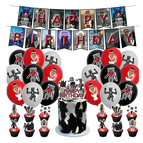 Shamoparty Skibidi Geburtstag Dekorationen Party deko Set, Toilet Geburtstagsdeko Luftballons Toilet Dekoration Kuchendeko Cupcake Topper Happy Birthday Banner von Shamoparty