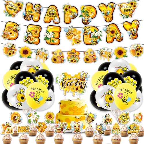 37Stk Biene Party Dekoration Zubehör, Biene Geburtstag Dekorationen, Sonnenblume Blume Party Zubehör, Baby Shower, Jungen und Mädchen Geburtstag Zubehör, Biene Banner Kuchen Dekoration Luftballons von Shamoparty