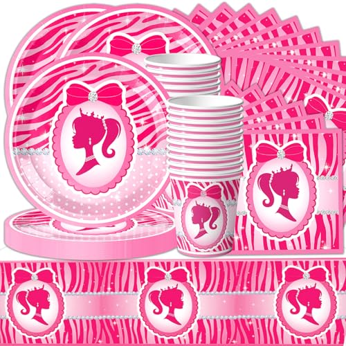 61 Stk Rosa Puppe Party Geschirr Set, Kindergeburtstag Party Dekorationen, Prinzessin Party Dekoration Geschirr, Rosa Party Set enthält Teller, Handtücher, Pappbecher, Tischtuch für 20 Personen 61 Stk Rosa Puppe Party Geschirr Set, Kindergeburtstag Party Dekorationen, Prinzessin Party Dekoration Geschirr, Rosa Party Set enthält Teller, Handtücher, Pappbecher, Tischtuch für 20 Personen von Shamoparty