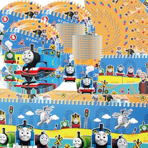 61 Stück Thomas Partygeschirr, Kindergeburtstagsgeschirr, einschließlich Pappteller, Becher, Servietten und Tischdecken, geeignet für 20 Kindergeburtstage von Shamoparty