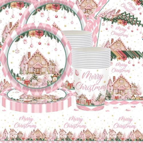 61 Stück rosa Weihnachtsparty Geschirr Set, Weihnachts-Thema, rosa Farbe Dekoration, Geburtstagsparty Dekoration, Essdeck, Papierbescher, Handtücher, Karton, für 20 Gäste 61 Stück rosa Weihnachtsparty Geschirr Set, Weihnachts-Thema, rosa Farbe Dekoration, Geburtstagsparty Dekoration, Essdeck, Papierbescher, Handtücher, Karton, für 20 Gäste von Shamoparty