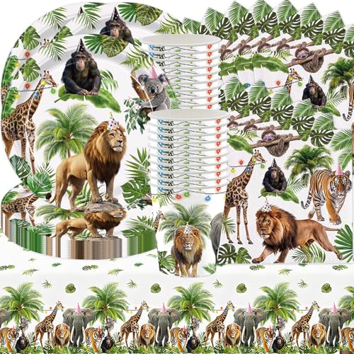 61Stk Wildlife Party Geschirr, Dschungel Dekorationen Zubehör, Jungen Mädchen Geburtstag Party Dekorationen, Giraffe Löwe Tiger Gorilla Geschirr Set enthält Teller Tassen Papier Servietten Tischdecken 61Stk Wildlife Party Geschirr, Dschungel Dekorationen Zubehör, Jungen Mädchen Geburtstag Party Dekorationen, Giraffe Löwe Tiger Gorilla Geschirr Set enthält Teller Tassen Papier Servietten Tischdecken von Shamoparty