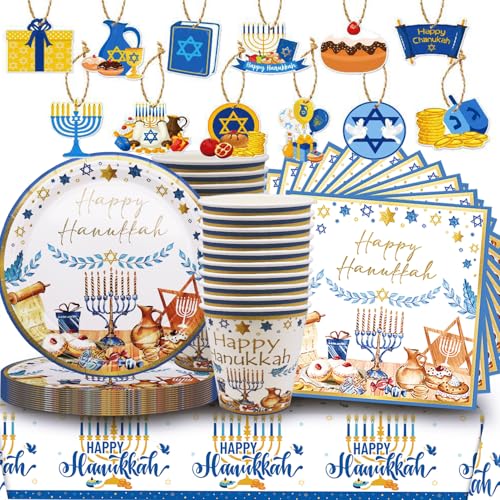 73 Stk Chanukka Partygeschirr Set, Party Supplies für 20 Gäste, Dekorationen Happy [Teller, Servietten, Tassen, Tischdecke, Verzierte Hangtags] von Shamoparty