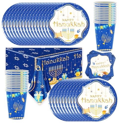 73-Teiliges Chanukka Partygeschirr Set - Party Supplies für 24 Gäste - Dekorationen Happy [9-Zoll Teller, Servietten, Tassen, Tischdecke] von Shamoparty