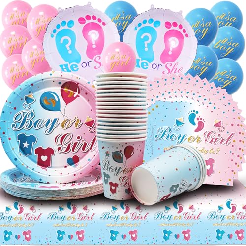 Baby Shower Deko Set, 76 Stk Blaues und Rosafarbenes Partgeschirr, Gender Revel Party Geschirr, Set Baby Shower Gender, Luftballons, Tischtücher, Teller, Tassen, Servietten für Babyparty von Shamoparty