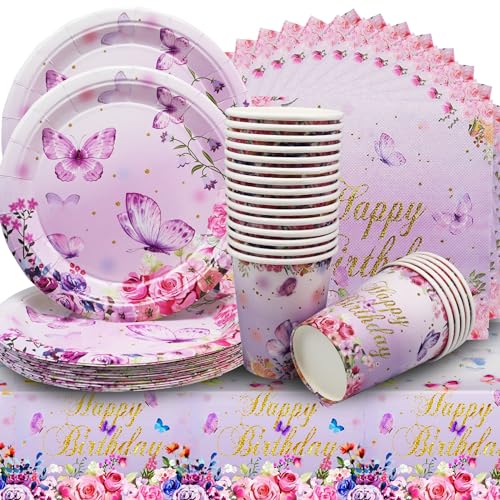 Butterfly PartyGeschirr Set, Schmetterling Deko Geburtstag, Party Geschirr für Mädchen Party Deko Kinder Geburtstag Geburtstagsdeko Pappteller Teller Tassen Servietten Tischdecke 20 Gäste von Shamoparty