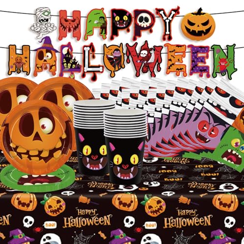 Cartoon Halloween-Partygeschirr, Kinderferien-Thema Partygeschirr, bestehend aus Pull-Fahnen, Pappteller, Servietten, Tassen und Tischdecken, geeignet für 20 Personen All Hallows' Eve Party verwenden von Shamoparty