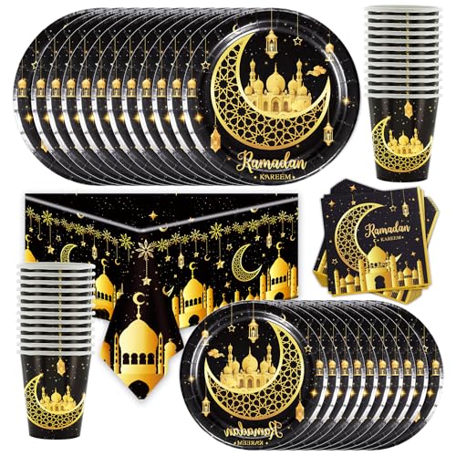 Eid al-Fitr dekorieren，73 Stücke Ramadan Eid Mubarak Partygeschirr, Ramadan Festival Thema Partyzubehör Teller 9", Tassen, Servietten,Tischdecke 24 Gäste Partybedarf[Schwarz Gold]] von Shamoparty