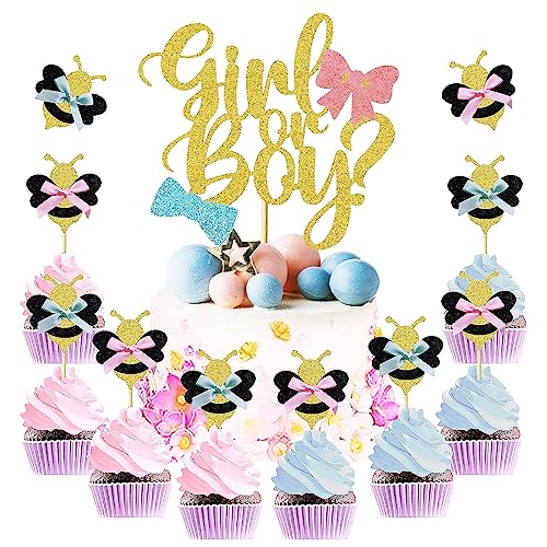 Gender Reveal Party Dekoration 1 Big ‘He or She’ und 12 Stück Süße Biene Cupcake Toppers Baby Shower Party Cake Decorations für Ankündigung Einer Schwangerschaft Gender von Shamoparty