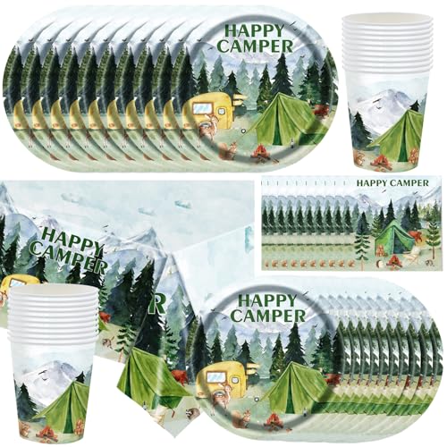 HAPPY CAMPER Camping-Partygeschirr – 9"Speiseteller, Teller, Becher, Servietten, Tischdecke, für Camper, Lagerfeuer, Wald, Picknick, Abenteuer, Partyzubehör HAPPY CAMPER Camping-Partygeschirr – 9"Speiseteller, Teller, Becher, Servietten, Tischdecke, für Camper, Lagerfeuer, Wald, Picknick, Abenteuer, Partyzubehör von Shamoparty