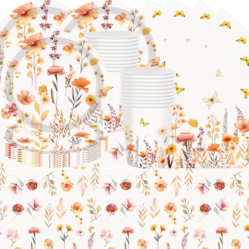 Herbst-Wildblumen-Partygeschirr, Partygeschirr mit Blumenmotiven, Set mit Papptellern, Pappbechern, Papierservietten und Tischdecken, geeignet für Geburtstagsfeier für 20 Personen von Shamoparty