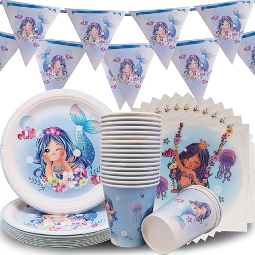 Meerjungfrau Party Geschirr Set, Meerjungfrau Geburtstag Pappteller Tassen und Servietten Kette von dreieckigen Fahnen für Meerjungfrau Party Supplies (20 Gäste) von Shamoparty
