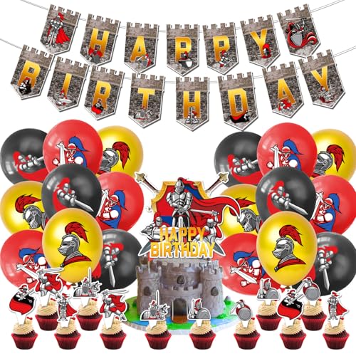 Mittelalterliche Ritter Thema Geburtstag Dekoration Ballon-Set, Kindergeburtstag Party-Set mit Happy Birthday Pull Tab, Kuchen einfügen und Latex-Ballons von Shamoparty