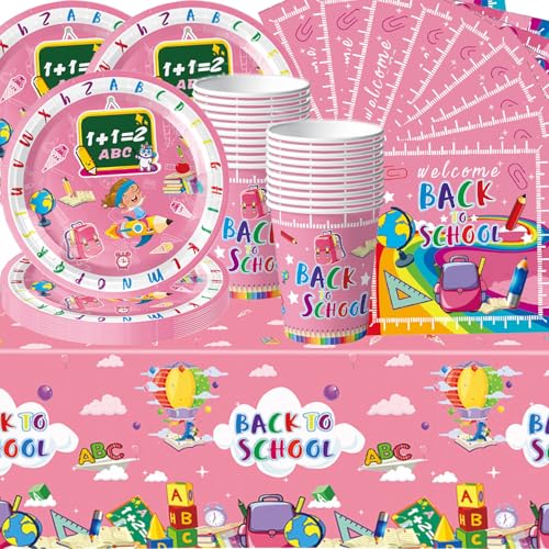 Partygeschirr zum Thema Schulzeit, Schulparty mit rosa Banner, Set mit Papptellern, Pappbechern, Papierservietten und Tischdecken, geeignet für Geburtstagsfeiern für 20 Personen Partygeschirr zum Thema Schulzeit, Schulparty mit rosa Banner, Set mit Papptellern, Pappbechern, Papierservietten und Tischdecken, geeignet für Geburtstagsfeiern für 20 Personen von Shamoparty