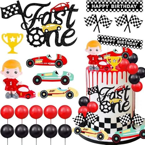 Rennwagen Kuchen Topper, Rennwagen 1. Geburtstag Kuchen Topper, rot und schwarz Ball Junge Geburtstag Kuchen Topper, Rennwagen Chequered Flag Theme Kuchen Topper von Shamoparty