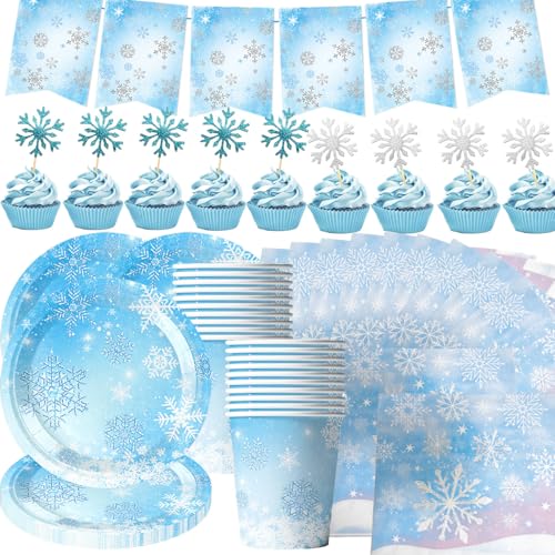 Schneeflocke 95 Stück Partygeschirr mit Schneeflockenmotiv, einschließlich Pull Tabs, Tellern, Servietten, Pappbechern und Schneeflockeneinsätzen für 20 Personen von Shamoparty