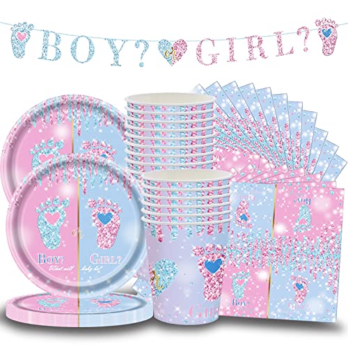 Shamoparty Baby Shower Deko Set,53Stk Blaues und Rosafarbenes Partgeschirr, Gender Revel Party Geschirr,Set Baby Shower Gender,Blinkendes Banner, Teller, Tassen, Servietten, BabyShowerbedarf von Shamoparty