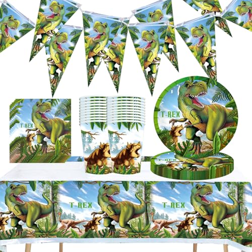 Tyrannosaurus Rex Dinosaurier Jurassic Themed Kindergeburtstag Partygeschirr 71 Stück Pappbecher, Teller, Tischdecken, Papierservietten, Dreieckige Flagge, Für Jungen Motto Party Tyrannosaurus Rex Dinosaurier Jurassic Themed Kindergeburtstag Partygeschirr 71 Stück Pappbecher, Teller, Tischdecken, Papierservietten, Dreieckige Flagge, Für Jungen Motto Party von Shamoparty