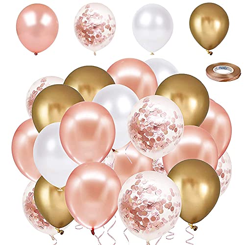 Shao hua 50 Stück Rosegold Luftballon Set mit Bändern, 12 Zoll/30cm Roségold Konfetti Ballon, Ballons, Rose/Gold/Weiß Latex Glitter Ballons für Geburtstagsfeier Hochzeit Party Valentinstag (QQ-01) von Shao hua
