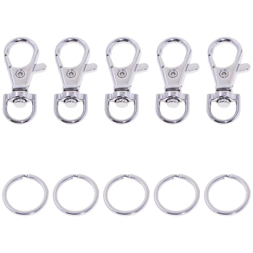 Shapenty 5 Stück 38 mm Metall-D-Ring-Schlüsselanhänger-Clip Karabinerhaken mit Drehgelenk und 5 Stück 25 mm flache Schlüsselringe für Tasche, Geldbörse, Ausweishalter, Schlüsselband, Perlen von Shapenty