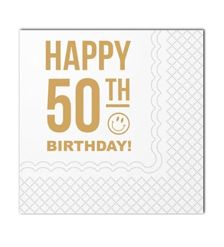 SharkBliss Lustige Cocktail-Servietten 50. Geburtstag, 50 Stück Papierservietten, 2-lagig, 12x12 cm (Gold, Happy 50th Birthday) von SharkBliss