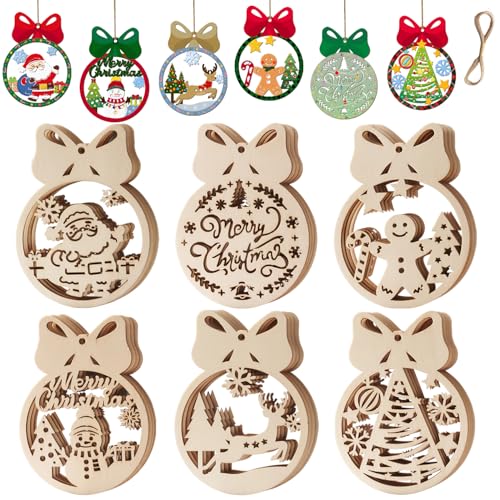 Weihnachts-Holzausschnitte für Erwachsene und Kinder, zum Malen, Basteln, 24 Stück, unlackiert, 10,2 cm, bemalbar, Weihnachtsmann, Lebkuchen, Schneemann, Rentier, Weihnachtsbaum, Winter, Innenbereich von She Love