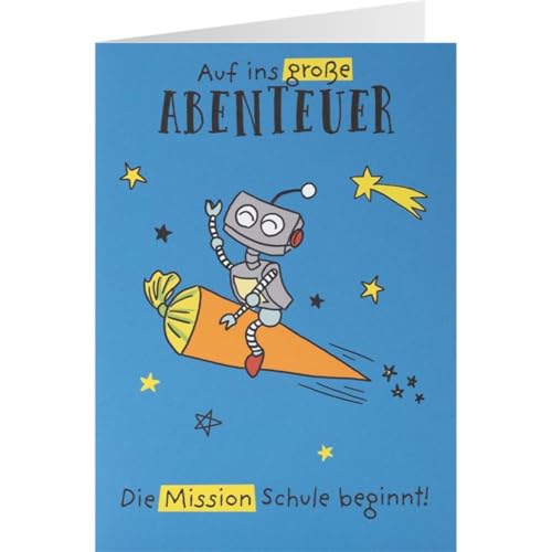Sheepworld - 48868 - Klappkarte zum Schulanfang, mit gelbem Umschlag, Roboter, Schulanfang, Auf ins große Abenteuer, 14,5cm x 10cm Sheepworld - 48868 - Klappkarte zum Schulanfang, mit gelbem Umschlag, Roboter, Schulanfang, Auf ins große Abenteuer, 14,5cm x 10cm von Sheepworld AG