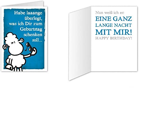 Sheepworld - Mini-Klappkarte, Geburtstagskarte Nr. 17 "Habe laaange überlegt, was ich Dir zum Geburtstag schenken soll ... Nun weiß ich es: Eine ganz lange Nacht mit mir!" (80517) von Sheepworld