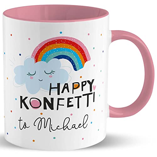 Tasse Motiv »Happy Konfetti to …!« mit Wunschnamen, personalisiert (rosa) von Sheepworld