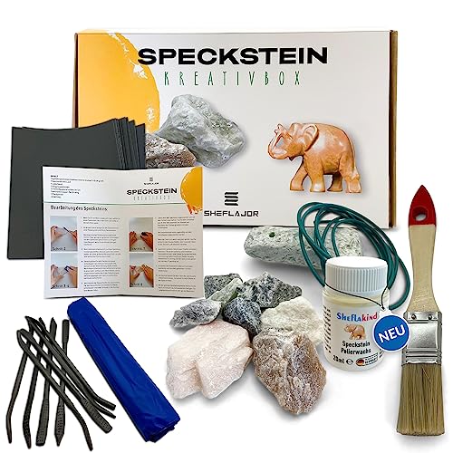 Sheflajor Speckstein Set :1kg Speckstein/inkl. [Speckstein-Polierwachs] / 8x Raspeln / 12x Schleifpapier/Flachpinsel / 1x Speckstein-Amulett / 1x Lederband von Sheflajor