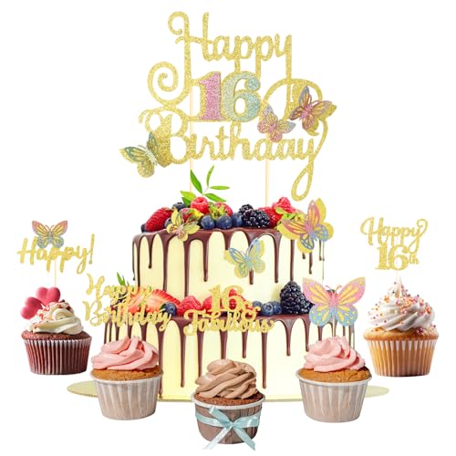 15 Stück Tortendeko Schmetterling Happy Birthday Cake Topper und Cupcake Deko 16 Geburtstag Mädchen Gold Glitzer Kuchen Torten Deko von ShengDexin