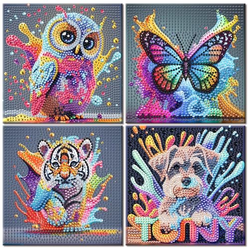 ShengDexin 4 Stück Diamond Painting Kinder Tiere, Diamant Painting Bilder Kinder Kreative Geschenke für Mädchen und Jungen 6 7 8 9 10 12 Jahre 15x15 Cm von ShengDexin