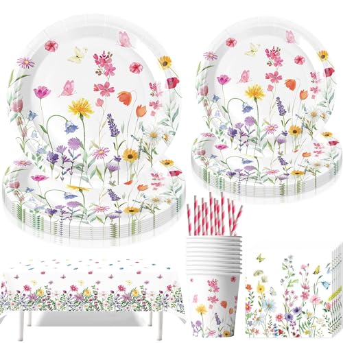 61 Stück Schmetterling Partygeschirr Set,Partygeschirr Kindergeburtstag Schmetterling,Blumen Deko Geburtstag Kinder,Schmetterling Pappteller Becher Servietten Kindergeburtstag Deko von Shengruili