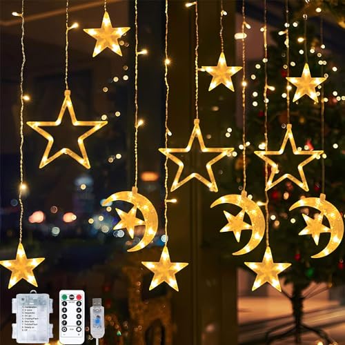 Ramadan Licht Stern Mond Lichterketten,Ramadan Lichterkette,Eid Mubarak Licht LED,8 Modi Lichtervorhang USB & Batterie Betriebene mit Fernbedienung für Ramadan,Weihnachten,Hochzeit,Party,Terrasse von Shengruili