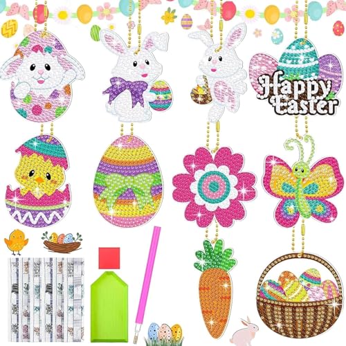 Shengruili 5D Diamond Painting Ostern, 10er Hase Ostereier Diamond Painting Schlüsselanhänger, Diamant Painting Sticker Set, 5D DIY Ostern Diamond Painting Set für Osterngeschenk Osterdeko von Shengruili