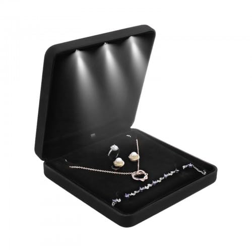 Shengxi Samt Groß Halsketten Box, Led Licht Schmuckschatulle Samt Schmuckschatulle Geschenkboxen Set Schmuckdisplay mit LED für Frauen Schmuck Halskette Ohrring Ring Hochzeit Schmuck (Schwarz) von Shengxi