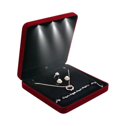 Shengxi Samt Groß Halsketten Box, Led Licht Schmuckschatulle Samt Schmuckschatulle Geschenkboxen Set Schmuckdisplay mit LED für Frauen Schmuck Halskette Ohrring Ring Hochzeit Schmuck (Weinrot) von Shengxi