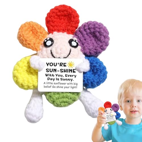Handgefertigte gehäkelte Sonnenblumenpuppe – bunte Häkelblume aus positivem Plüsch, Taschengröße, Plüsch mit optimistischer Karte, inspirierende Strickfigur für Heimdekoration Handgefertigte gehäkelte Sonnenblumenpuppe – bunte Häkelblume aus positivem Plüsch, Taschengröße, Plüsch mit optimistischer Karte, inspirierende Strickfigur für Heimdekoration von Shenrongtong