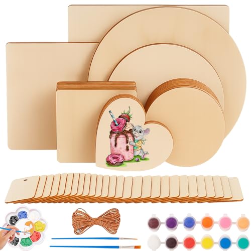 58 Stück Unvollendete Holzplatte zum Basteln, 8 Größen Holzplatten Rohling mit Acryfarben und Pinseln, Runde Holzscheiben&Quadratische Laser Holz&Holzherzen für DIY Brandmalerei Handwerk Malen von Sheryl&Rain