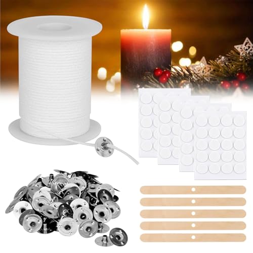 61m Kerzendocht, Dochte für Kerzen, Rauchfrei Kerzen Dochten Set, Geruchlos Kerzendochte für Kerzen,Kerzen Selber Machen Set,Candle Wick mit 150 Stück Dochthalter für DIY Kerzenherstellung Weihnachten von Sheryl&Rain