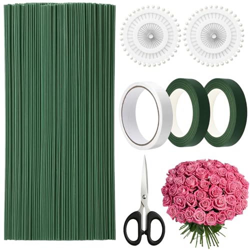Sheryl&Rain 126 Stück Blumendraht Grün Kit, Blumenstamm Draht, Floristendraht Stäbe Steckdraht mit 20cm Länge Metallstäbe/Stecknadeln/Floristenband für DIY Häkelblumen, Blumenstrauß von Sheryl&Rain
