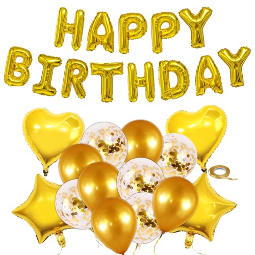 Sheryl&Rain Geburtstag Dekoration Set,Golden Happy Birthday Ballons und Banner Set mit Herz und Stern Pailletten Ballons für Geburtstag Deko Party Supplies von Sheryl&Rain