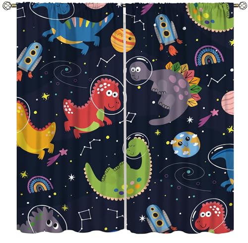 Kinder-Dinosaurier-Vorhänge, Cartoon-Dino-Weltraum-Fensterbehandlungen für Jungen, Mädchen, Kinderzimmer, Kinderzimmer, Dekoration, niedlich, lustig, Sternen-Fenstervorhänge, 2 Paneel-Sets, 140 x 160 Kinder-Dinosaurier-Vorhänge, Cartoon-Dino-Weltraum-Fensterbehandlungen für Jungen, Mädchen, Kinderzimmer, Kinderzimmer, Dekoration, niedlich, lustig, Sternen-Fenstervorhänge, 2 Paneel-Sets, 140 x 160 von ShiTingYu