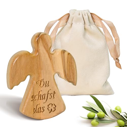 Shiawase Schutzengel aus Olivenholz, Schutzengel Glücksbringer, Handgefertigte Engel Figur aus Bethlehem, als Geschenk zur Geburt, Taufe Kommunion und zur Firmung (Du schafst das!) von Shiawase