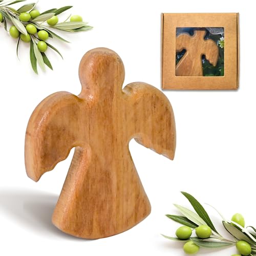 Shiawase Schutzengel aus Olivenholz, Schutzengel Glücksbringer, Handgefertigte Engel Figur aus Bethlehem, als Geschenk zur Geburt, Taufe Kommunion und zur Firmung (Ohne Gravur) von Shiawase