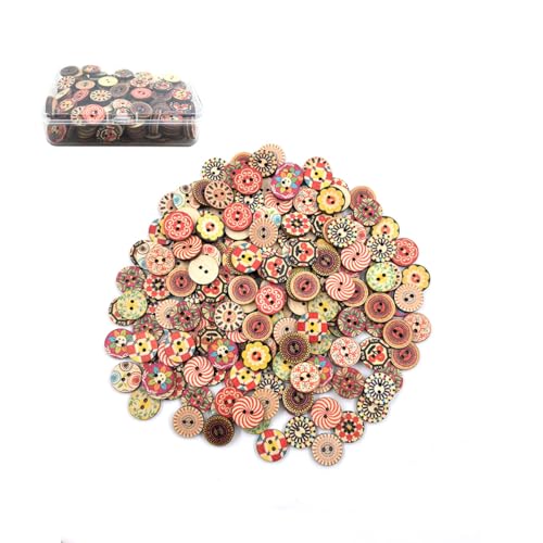 Holzknöpfe zum Basteln, gemischte Blumenknöpfe, mit transparenter Box, sortiert, runde Holzknöpfe zum Nähen, Basteln, Dekoration, DIY-Kleid (15 mm), 200 Stück von ShigKeu