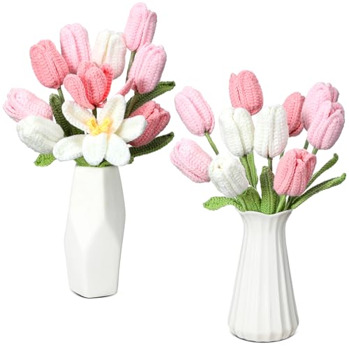 Shihanee 10 Stück Tulpen, Häkelblumen, Blumenstrauß, Mutterblumen, Geschenk, künstliche Tulpen, Tafelaufsätze, Heimdekoration, Zubehör für Mutter, Lehrer, Geschenk, 34,8 cm (Rosa, Weiß) von Shihanee