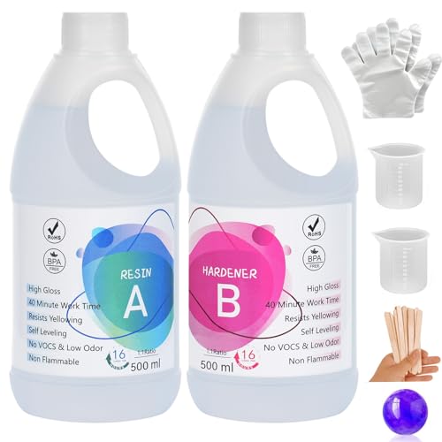 1000ml Epoxidharz Set, Epoxidharz mit Härter 1: 1 Verhältnis Glasklar Gießharz mit Handschuh, Messbecher, Holzstäbchen für Kunst, Schmuck, Untersetzer, Weihnachtsdekorationen, Tischplatten, Formen von Shiiyyu